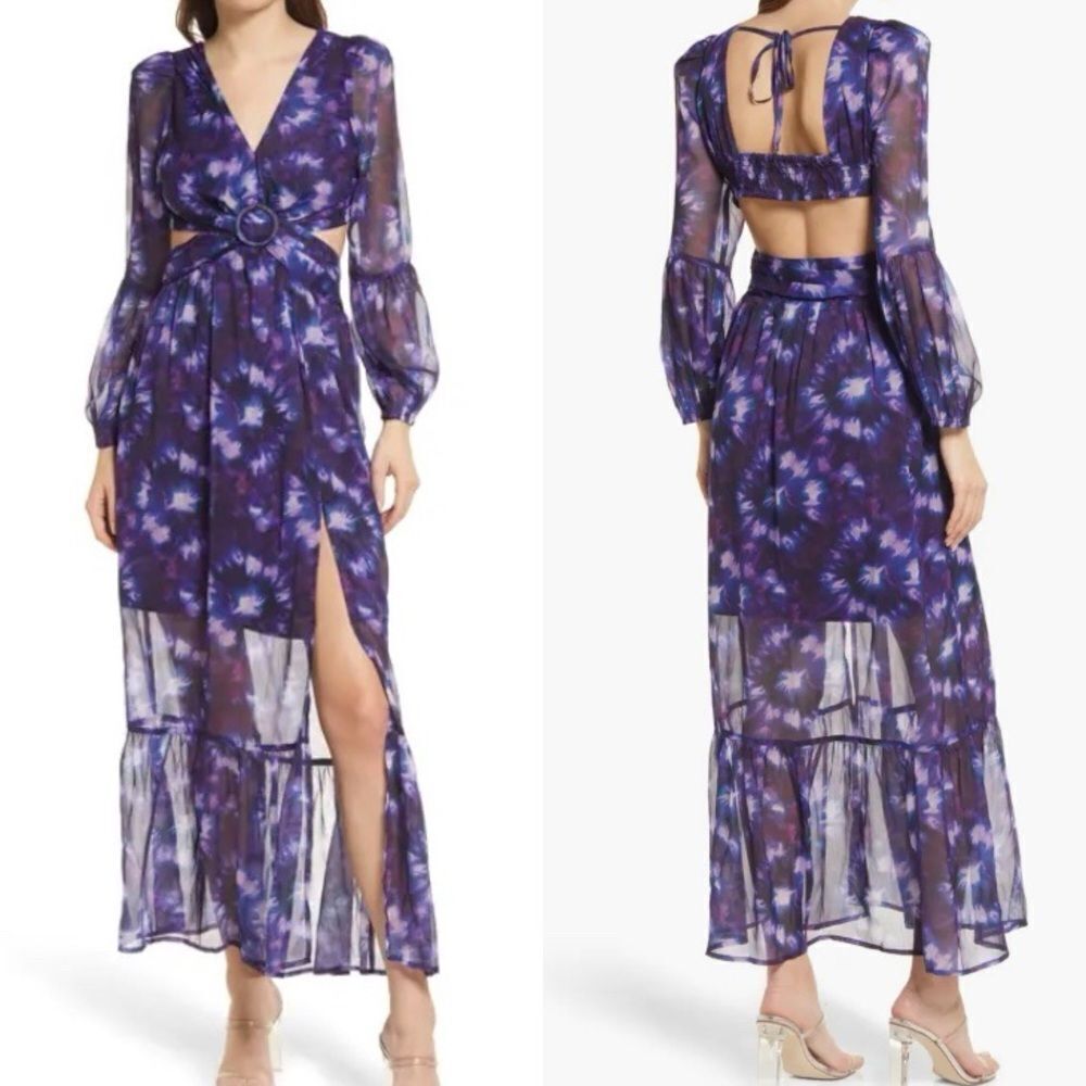 ShopBop RAHI Leila Cut Out Midi Dress Front Slit Chiffon Purple Tie Dye Small